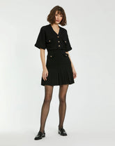 Black Short Sleeve Gold Button Front Crochet Knit Dress with Pleated Hem - FINAL SALE